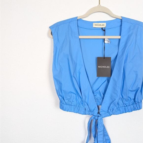 NWT Nicholas Blue Tarla Tie Hem Cotton Blouse - Picture 3 of 8